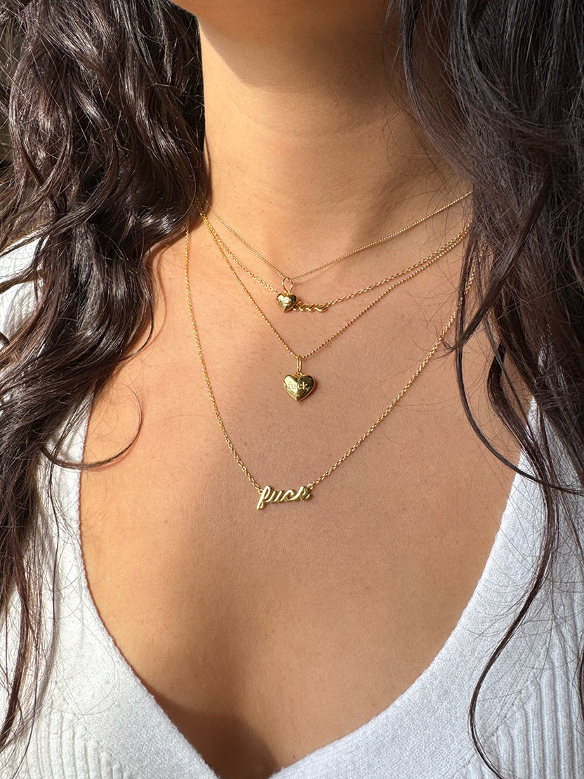 Queen of Hearts Love & Fuck Engraved Heart Necklace