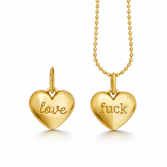 Queen of Hearts Love & Fuck Engraved Heart Necklace