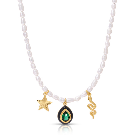 Emerald Energy Pearl Charm Necklace
