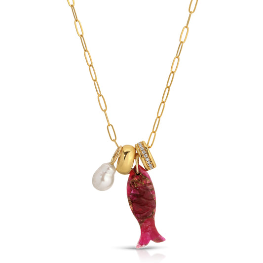 Reel Fancy Fish Pendant and Pearl Charm Set Necklace